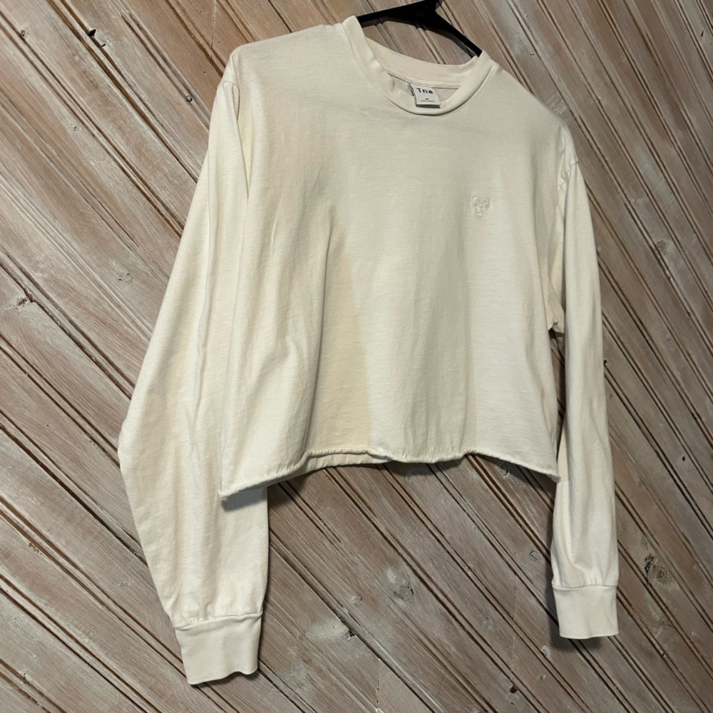 TNA Bright White Long Sleeve Cropped Shirt Embroidered Logo Basic - Picture 6 of 7